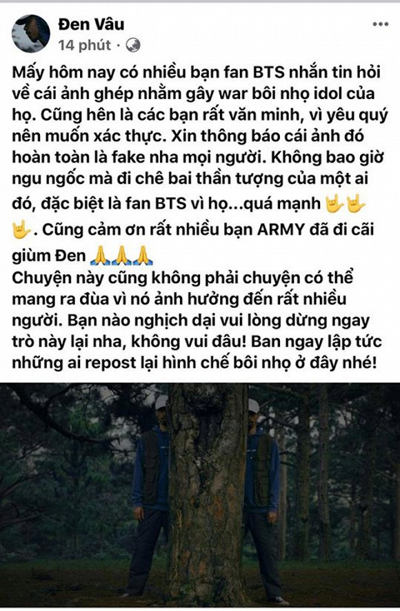 Đen Vâu hurriedly clarified through his personal fan page.