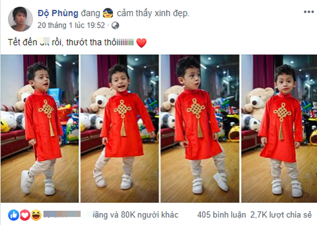 Độ Mixi excitedly shares a photo of his son dressed in a traditional Tet outfit
