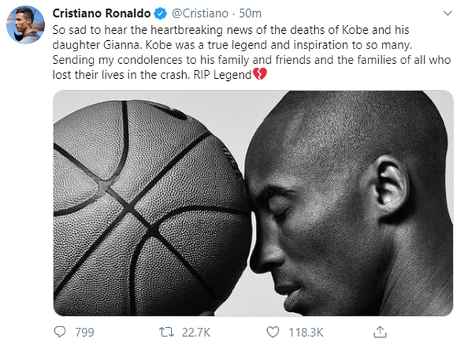Football superstar Ronaldo also expresses deep condolences to Kobe's family