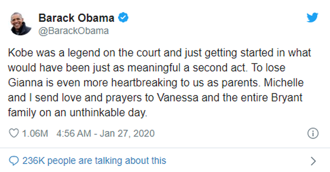 And his predecessor both send their endless condolences for Kobe Bryant's passing