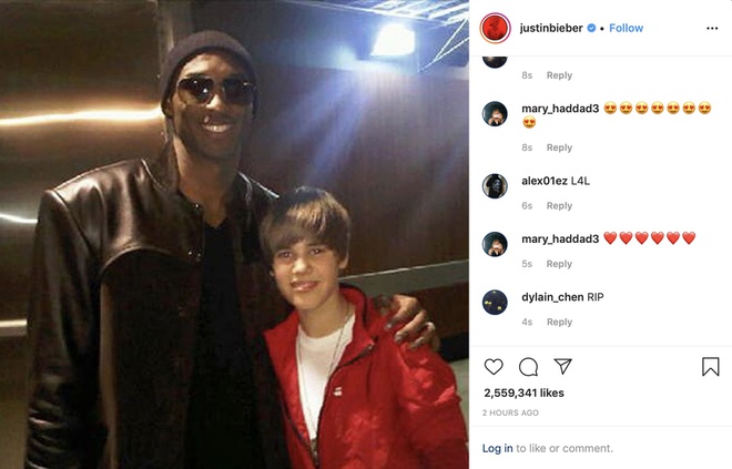 Justin Bieber remembers Kobe by posting a photo of the two together on his personal page