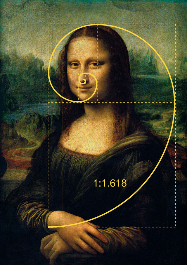 The golden ratio applied in the portrait of Mona Lisa.