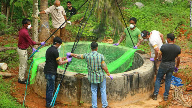 Employees catch bats at a well in India. Photo: CNN