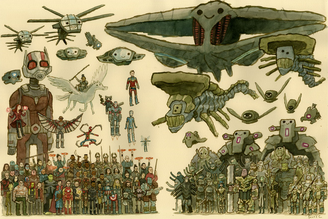 Scott Campbell's Endgame painting featuring all the characters from the final battle. Don't think his style is childish; this is a style he has honed for nearly a decade.