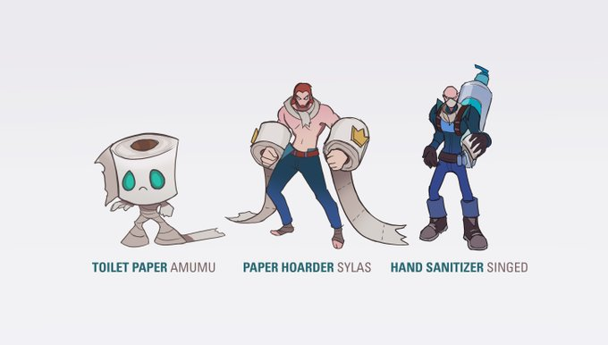 Unique fan-made skin series during the Covid-19 pandemic, Amumu and Sylas are associated with rolls of toilet paper, while Singed encompasses a 'combo' of medical masks, hand sanitizer, and paper