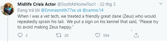 “When I was a veterinarian, I treated a regular patient named Zeus - a dog that often sprained his tail. We even had to put a sign on Zeus's crate that said: 'Limit making Zeus happy,' otherwise he would wag his tail wildly.