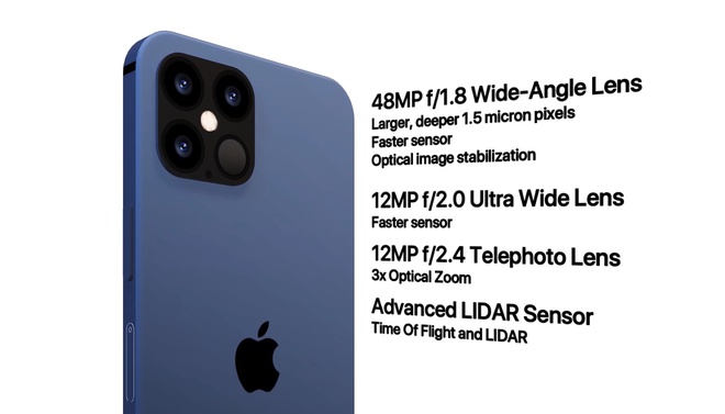 The device is equipped with a main camera of 48 MP, a 12 MP ultra-wide lens, a 12 MP telephoto lens (3x optical zoom), and a LiDAR sensor.
