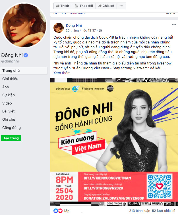 Dong Nhi is one of the early artists calling on the community
