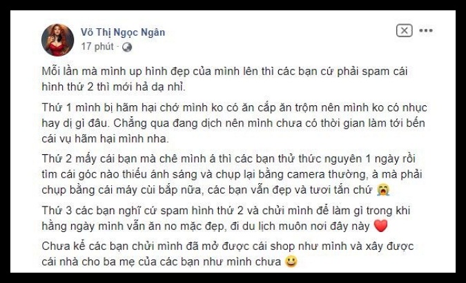 Ngân 98 delivers a strong rebuttal on social media targeting anti-fans.