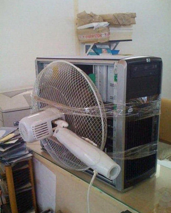 A PC case with cooling issues; don't worry if you can use a portable fan to blow air effectively.