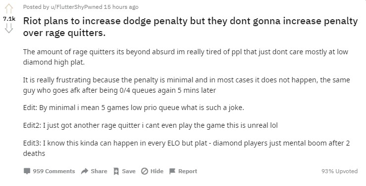 A Reddit post titled: "Riot increases penalties for avoiding matches (quitting during ban/pick), while leaving AFK players alone
