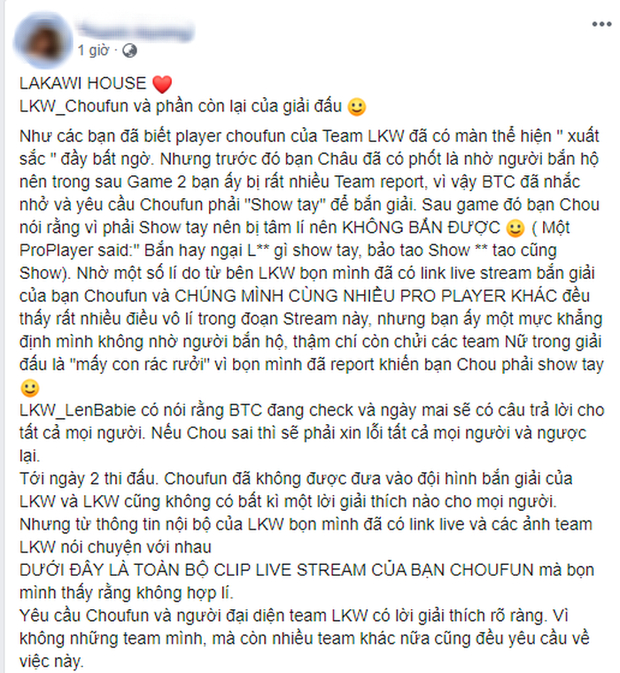 A post exposing a female gamer participating in the tournament.
