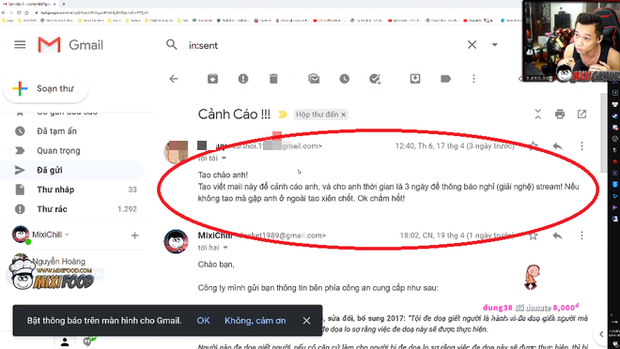 Anonymous threatening email to Độ Mixi publicly shared during his livestream.