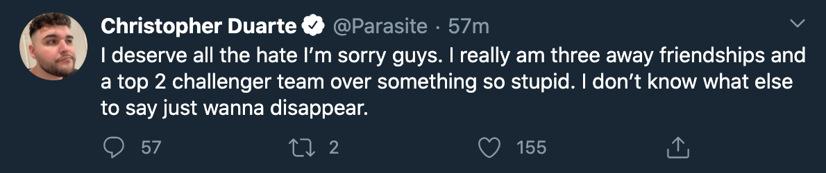 "I deserve all the attacks from you. I'm sorry, everyone. I really threw away a friendship and a spot on a good team because of this foolish act. I don't know what to say right now, I just want to disappear" - Parasite regrets