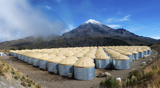Large water tanks at High-Altitude Water Cherenkov (HAWC).