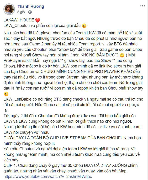 The post 'exposing' female gamer Choufun.