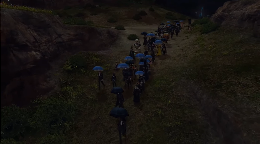 A group of people in dark attire bidding farewell to the unfortunate gamer