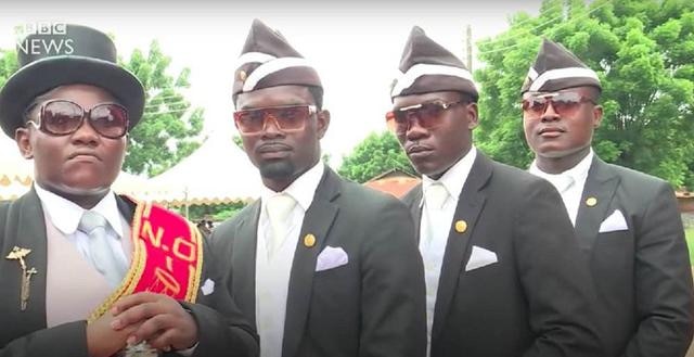 Ghanaians invite the 'Black Pallbearers' or Pallbearers Dance to perform the coffin-carrying dance.