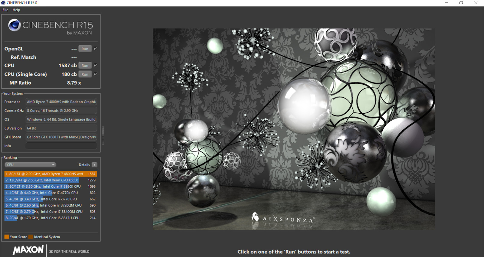 Cinebench shows the power of AMD's CPU, which is impressive on the mobile platform.