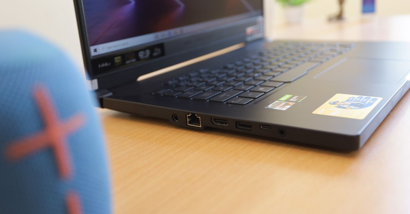Right side of the laptop with power, LAN port, HDMI, USB A, USB C, and 3.5mm jack.