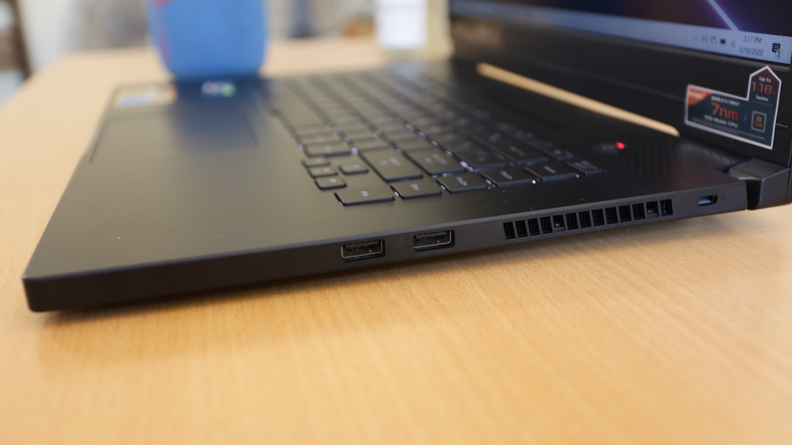 Left side of the laptop with Kensington lock and 2 USB A ports.