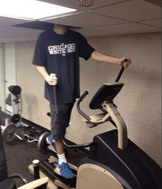 Exercising can be so challenging that you have to... cut through the ceiling like this.