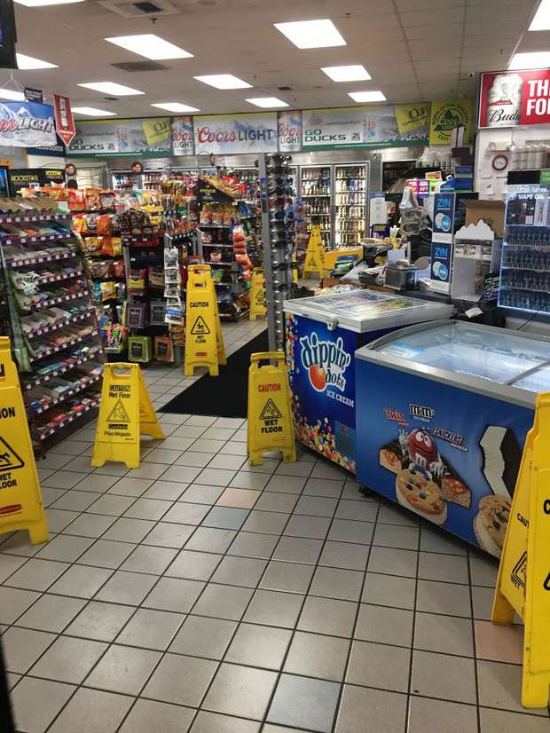 The store owner told me to put up many warning signs while mopping the floor. So, I put up many warning signs while mopping the floor!