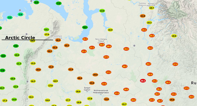 Hot temperature hotspots in Western Siberia.