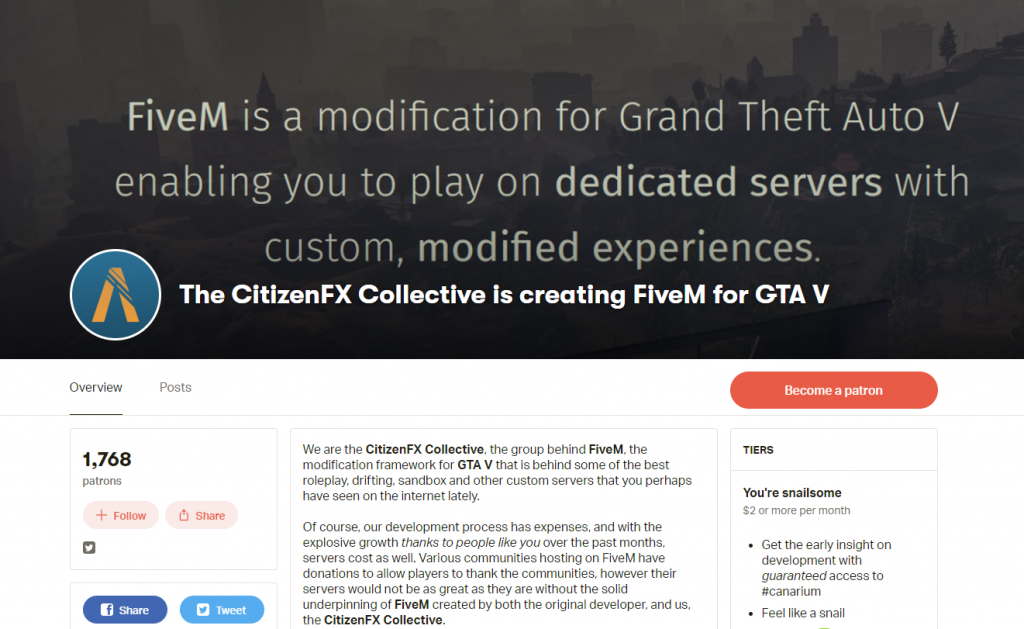 FiveM developer's Patreon page.