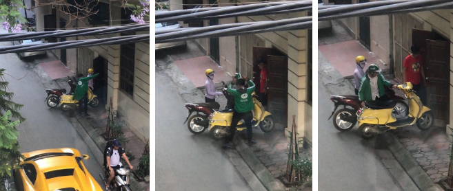 Then enters the house wearing a ride-hailing uniform, bringing out the motorcycle as if it were real