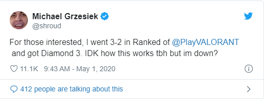 Shroud updates his rank to Diamond 3 after the match series