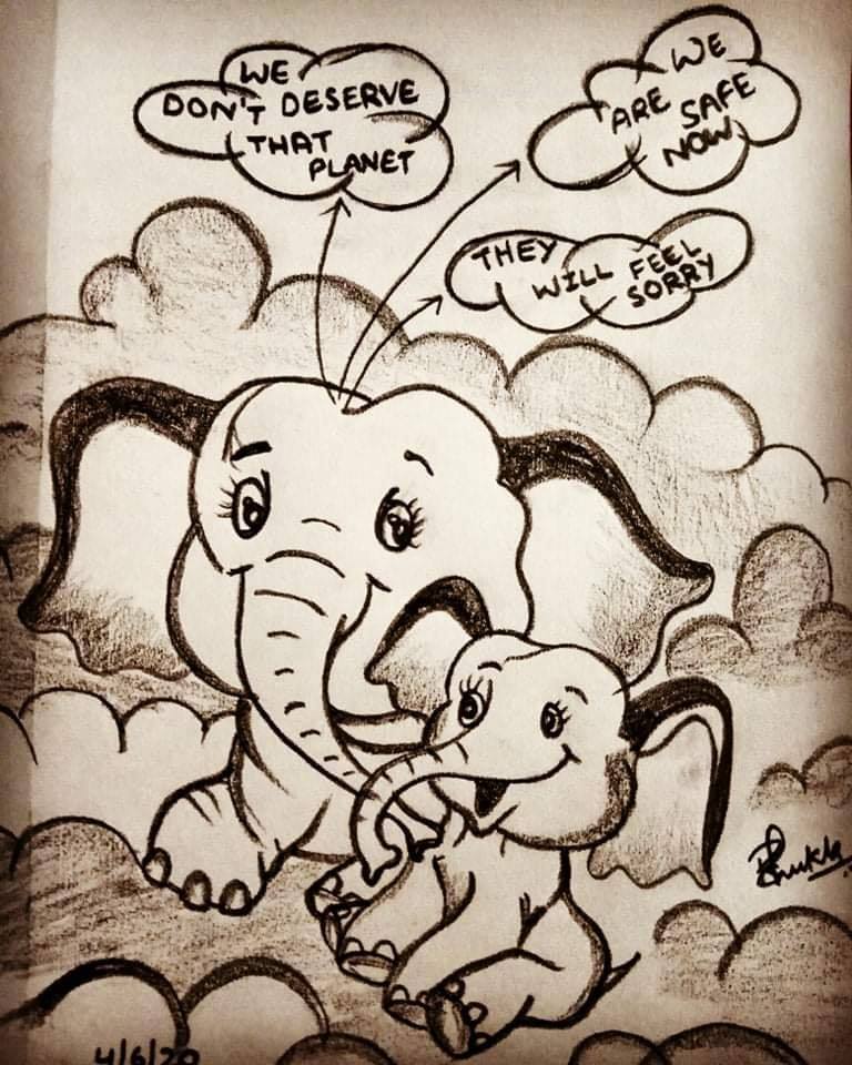 Image of the two elephants happily together in heaven, where there are no dangers lurking.