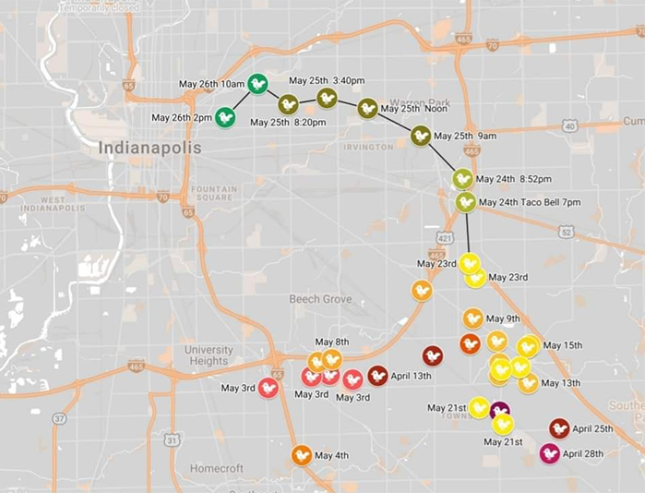 Data on Frank's movement journey provided by those who encountered him on Facebook.