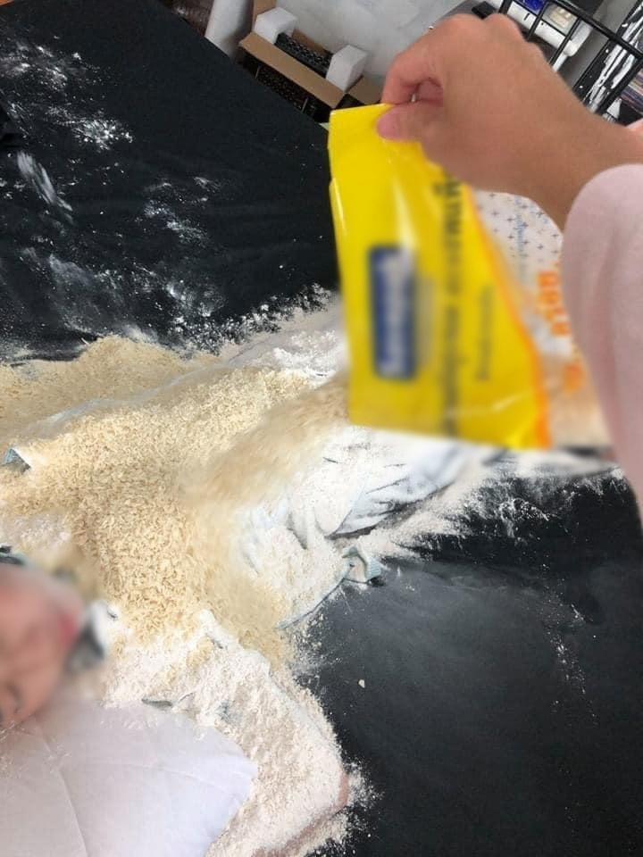 He even sprinkled some flour on her