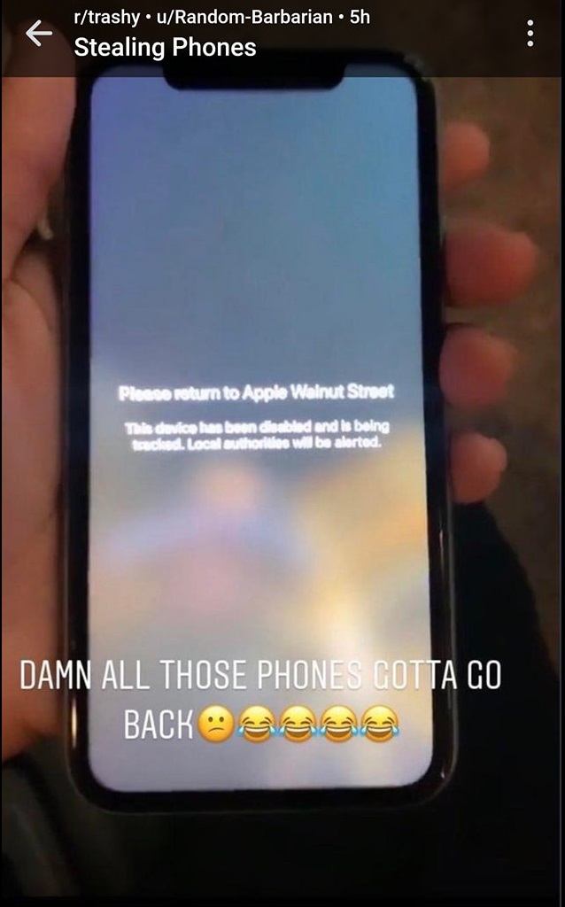 Stolen iPhones locked and showing alerts demanding thieves return them