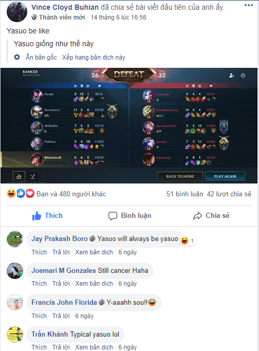 The sympathy of many players for the unfortunate player when encountering the legendary 'God' Yasuo
