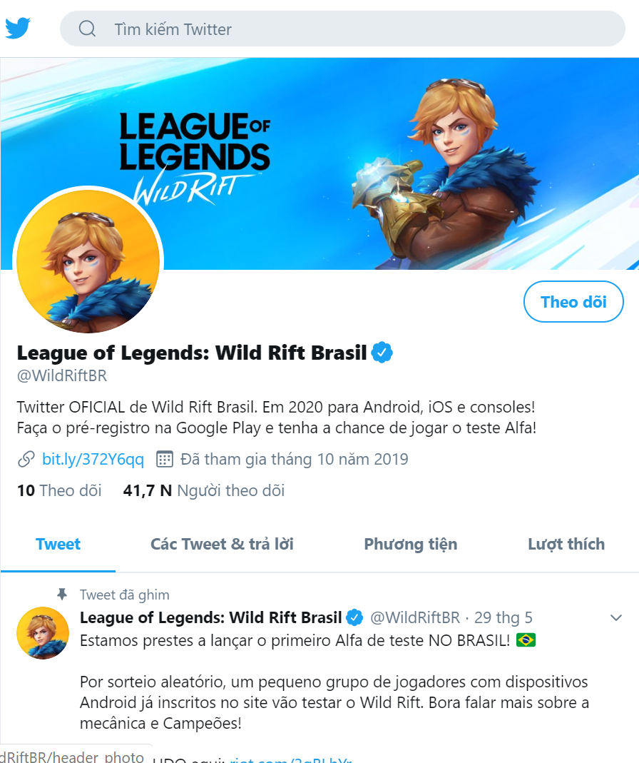 The official Twitter of League of Legends: Wild Rift Brazil has no such information