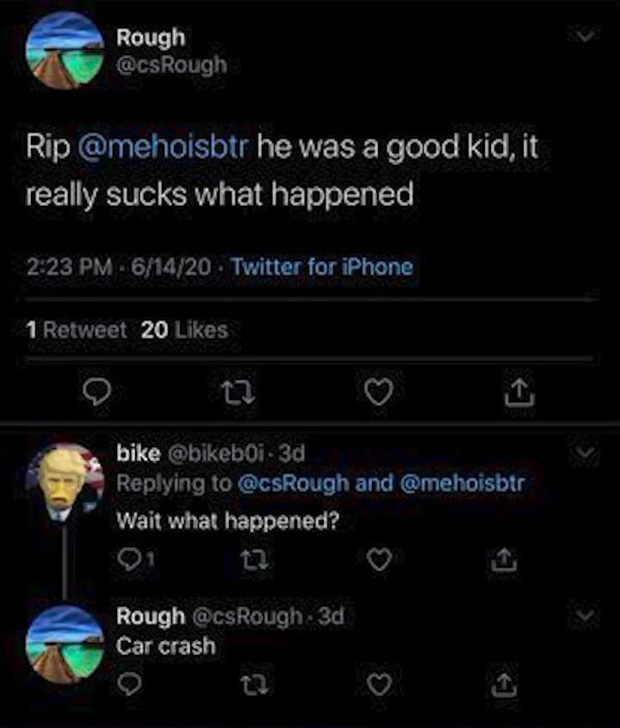 According to several tweets allegedly from friends named Andrew and Rough, Meho died in a car accident on June 15.