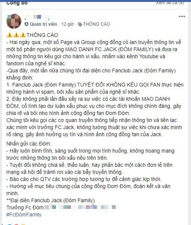The post from Jack's fan club leader regarding the scandal involving Sơn Tùng M-TP.
