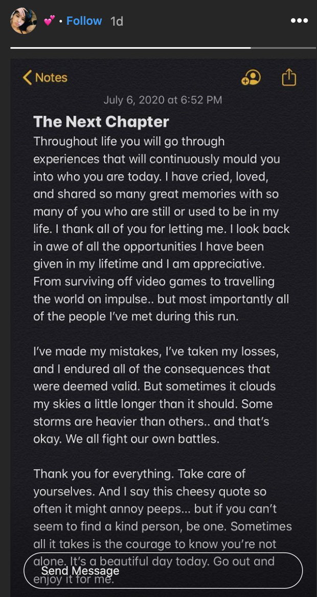Ohlana's 'suicide note' posted on Instagram story.