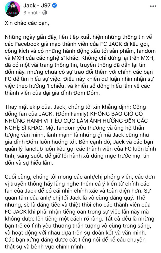 The lengthy post on Jack's fan page.