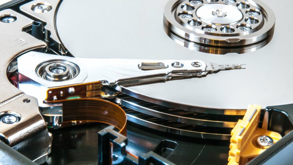 Computer hard drive with the protective casing removed