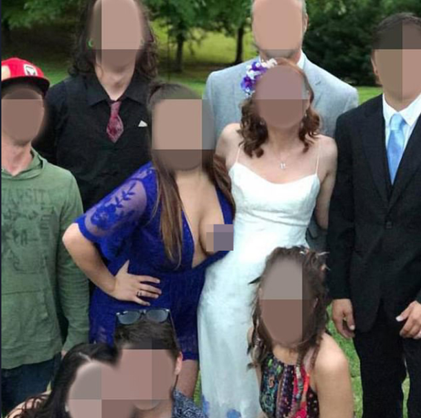 This bridesmaid wore a dress with a deep V-cut, exposing from her chest down to almost her waist, making those around her feel uneasy.