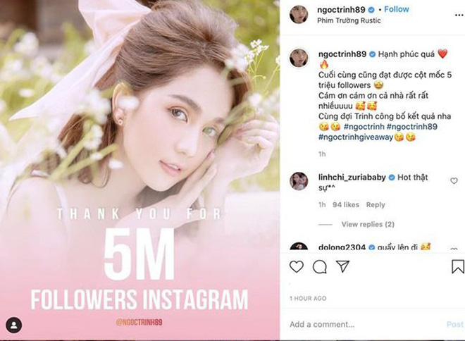 Ngọc Trinh is happy to reach 5 million followers on Instagram.