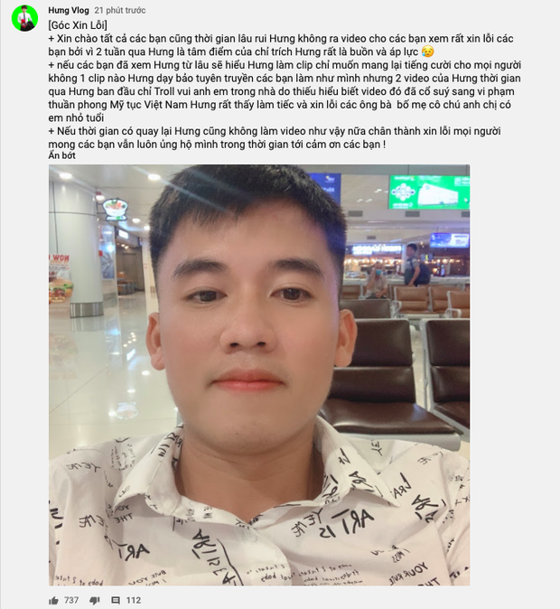 The male YouTuber recently posted an official apology in the Community section of his channel.