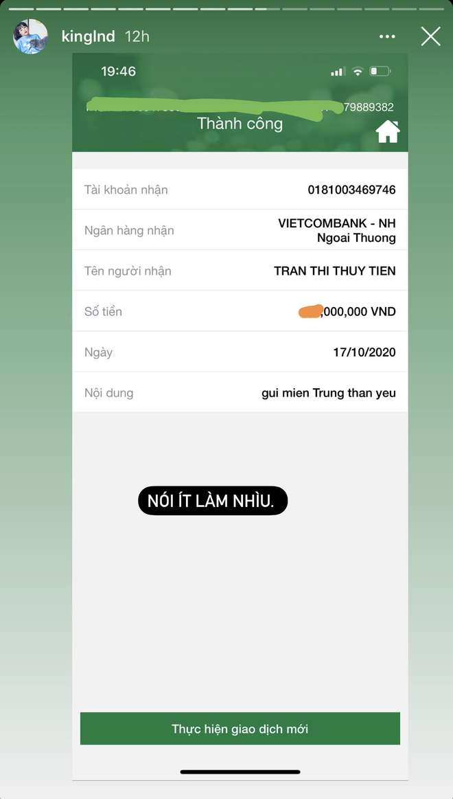 Linh Ngọc Đàm calls for support for Central Vietnam, she also transferred money to singer Thủy Tiên as a donation