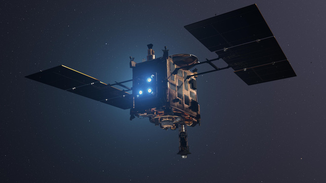 Illustration of the Hayabusa2 spacecraft in the atmosphere.