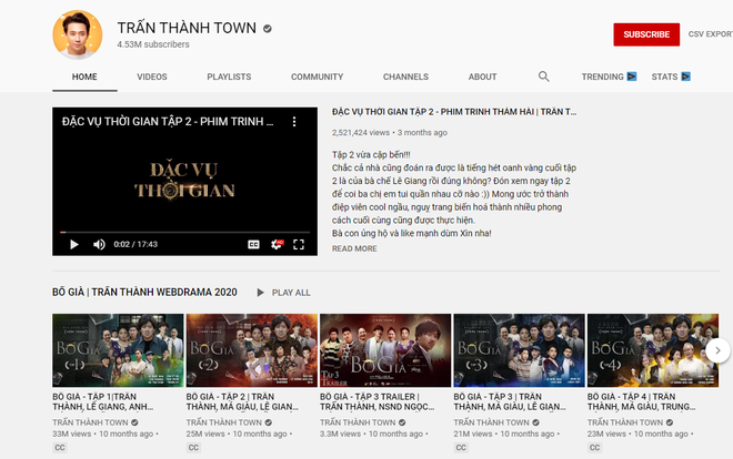 MC Trấn Thành's YouTube channel currently has 4.53 million subscribers