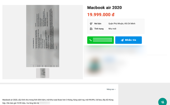 A user is selling a MacBook Air that has only been used for 3 months for 20 million VND