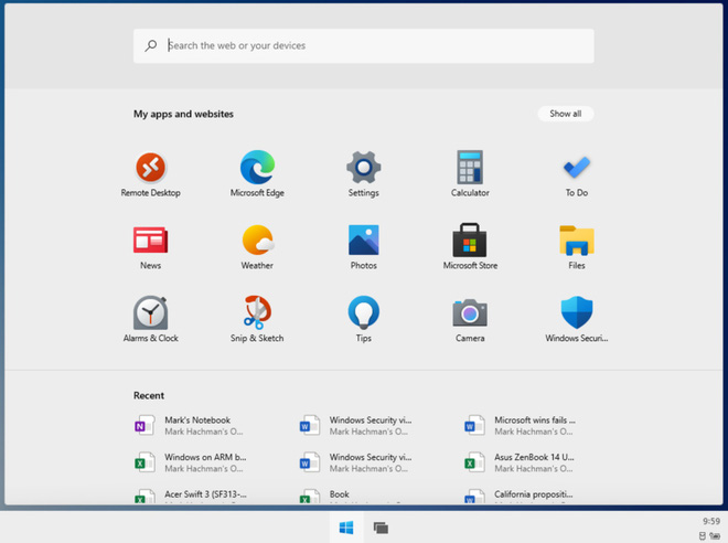Main interface, search bar at the top, applications in the middle and recent documents below